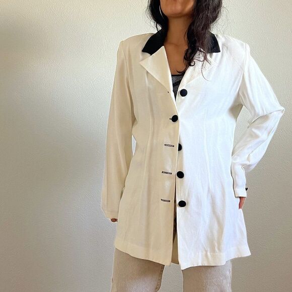 vtg 80s‎ white and black classic long formal blazer 5 button retro size 12 - Picture 4 of 9